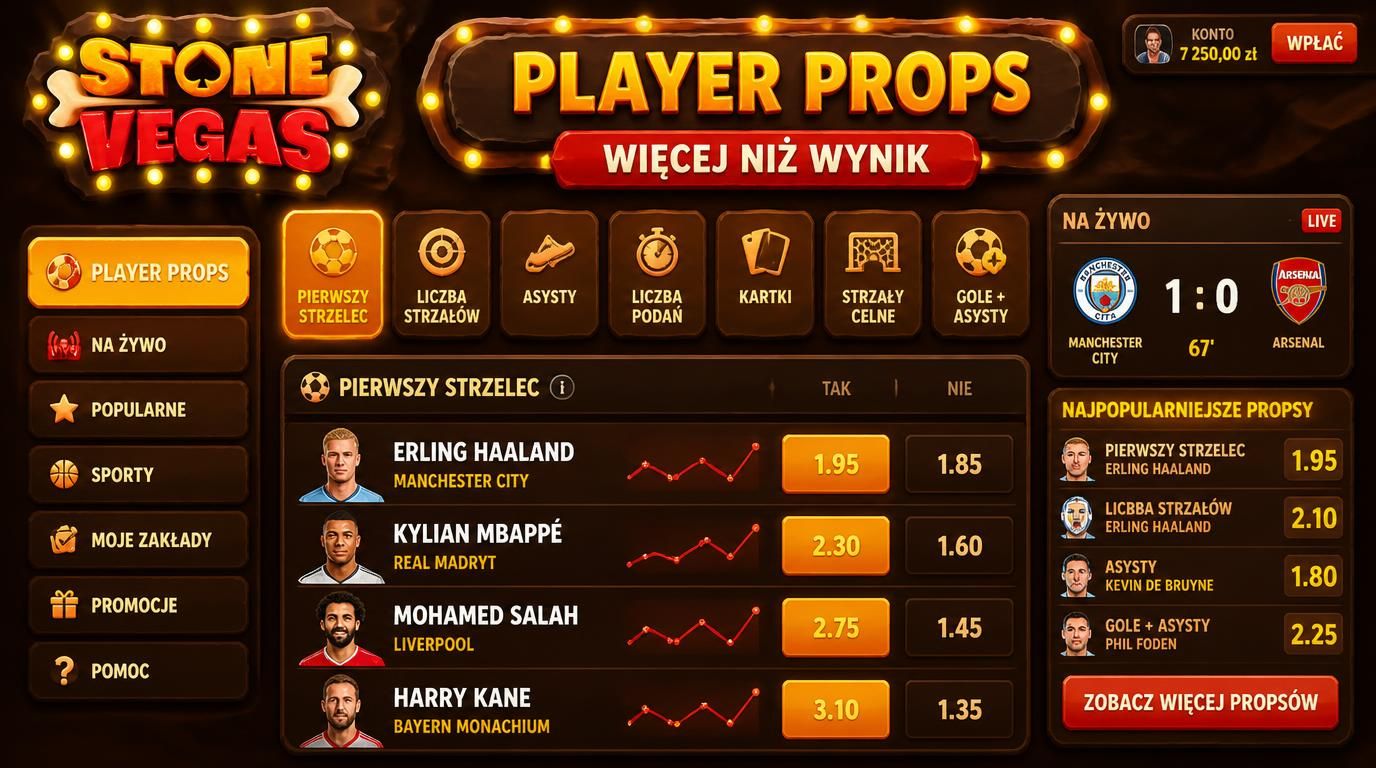 Gracz ogląda ekran z ofertą Player Props w zakładach sportowych, różne linie na kursy i aktywności zawodników
