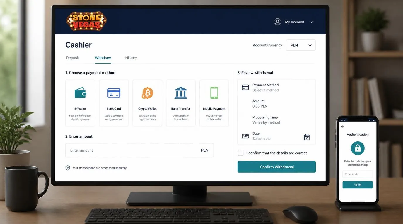 Panel kasjera z wyborem karty, portfela elektronicznego, przelewu i kryptowalut oraz walutą PLN