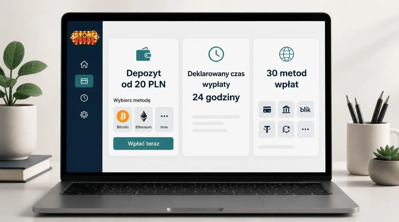 Panel płatności z depozytem 20 PLN, terminem wypłaty 24 godziny oraz symbolami Bitcoin i Ethereum