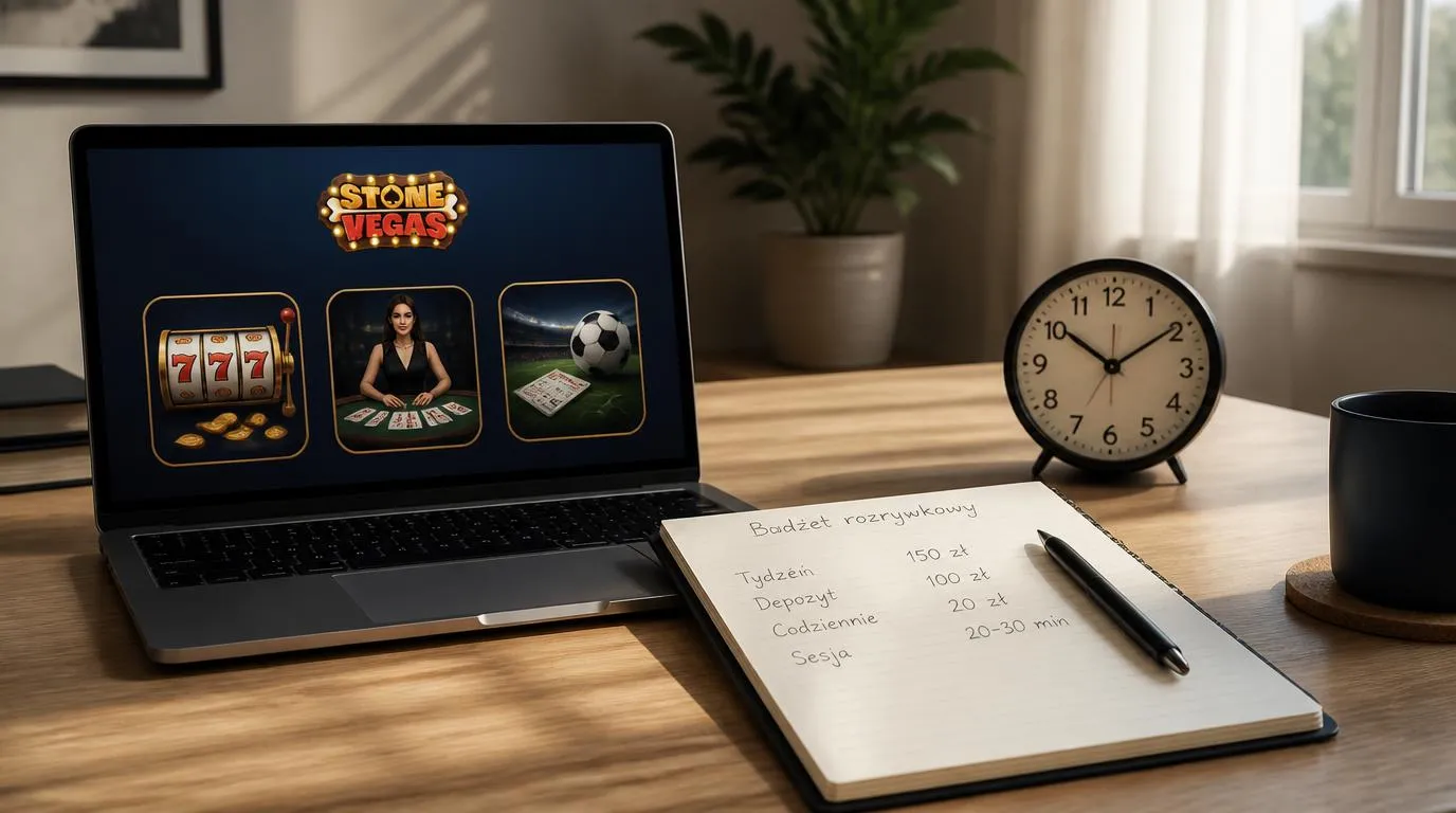 Notes z budżetem rozrywkowym i zegar obok laptopa z symbolami automatów, gier na żywo i zakładów