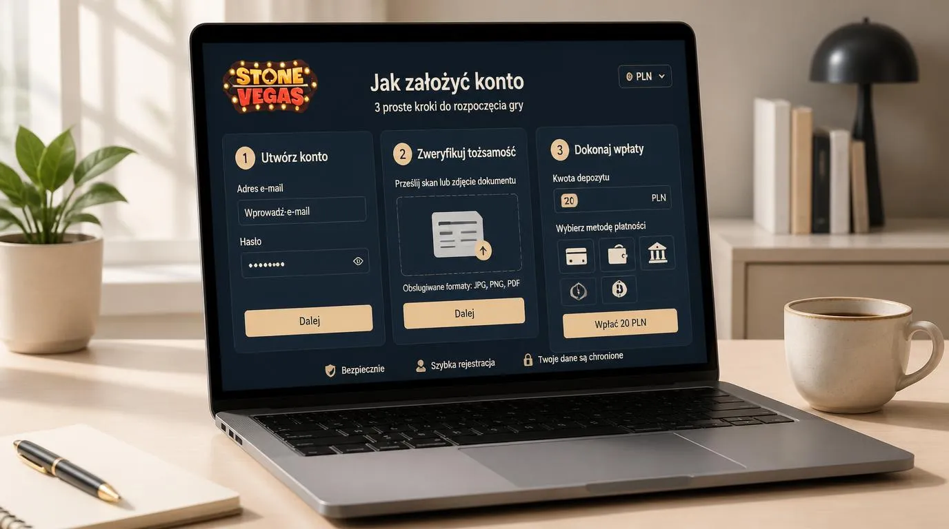 Laptop z formularzem rejestracji, panelem weryfikacji tożsamości i ekranem pierwszej wpłaty w PLN
